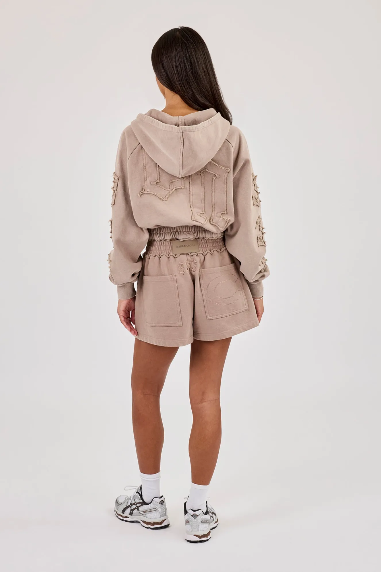 Applique Cropped Zip Hoodie & Jersey Short - Washed Taupe