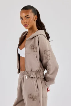 Applique Cropped Zip Hoodie - Washed Taupe