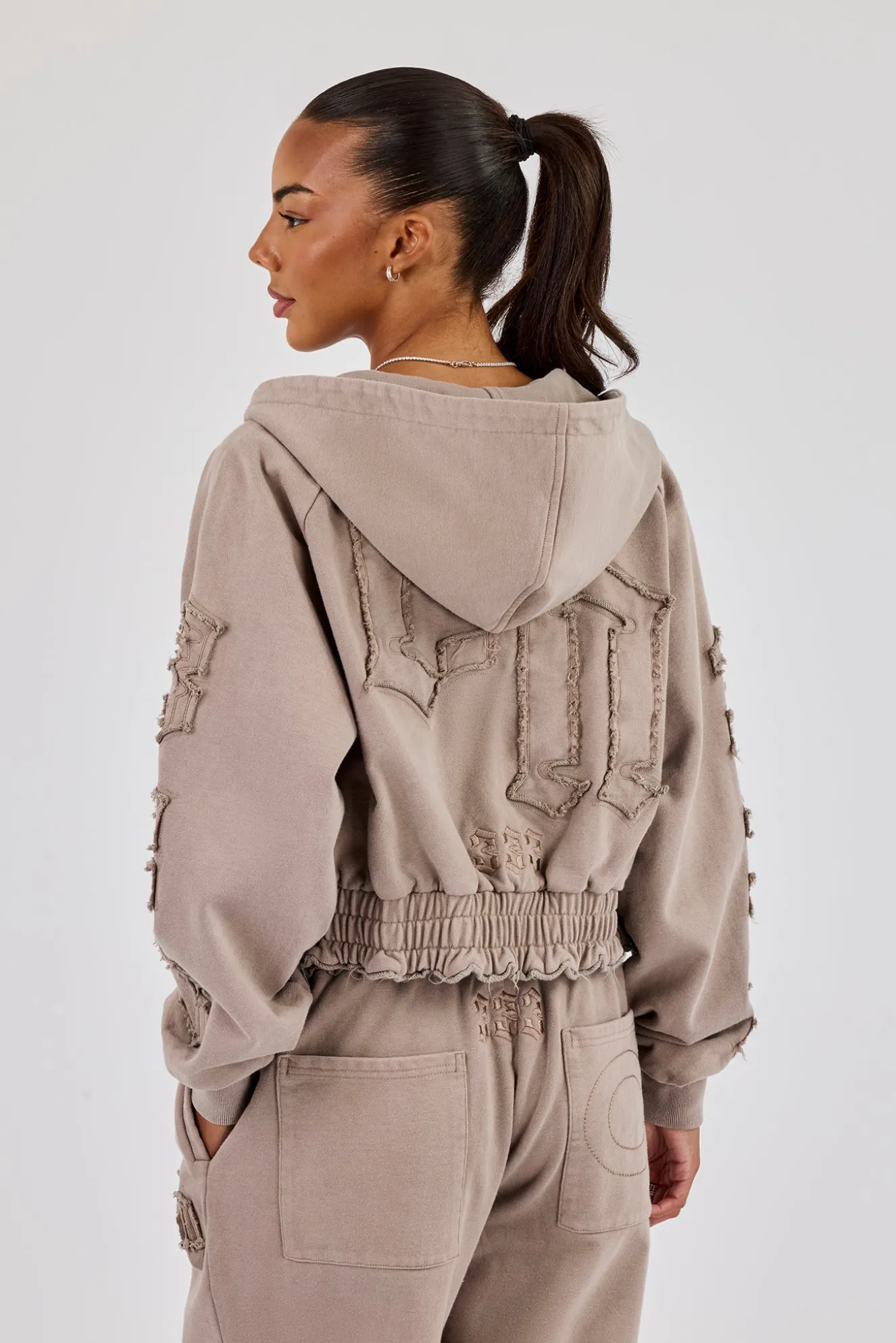 Applique Cropped Zip Hoodie - Washed Taupe
