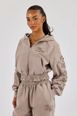 Applique Cropped Zip Hoodie - Washed Taupe