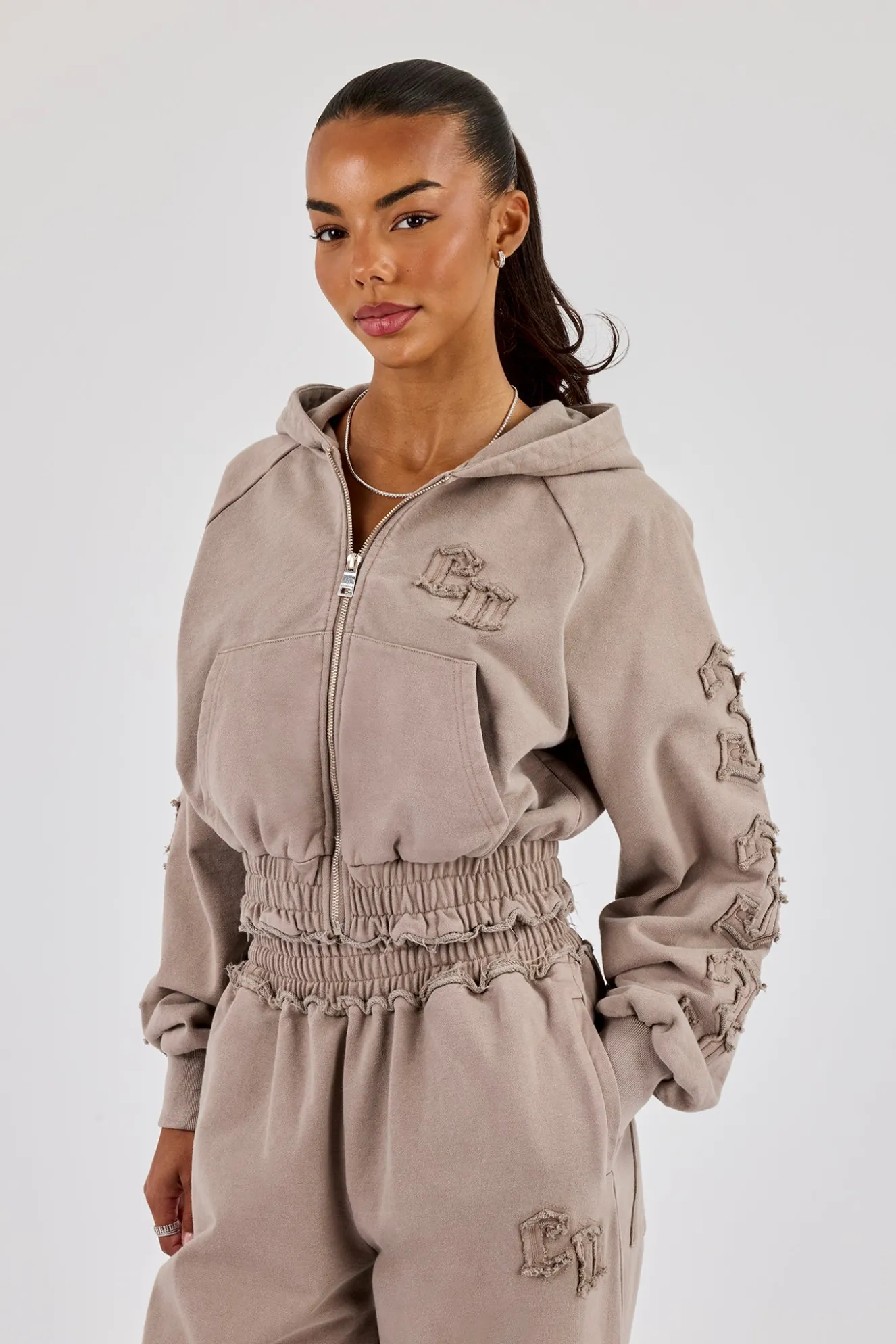 Applique Cropped Zip Hoodie - Washed Taupe