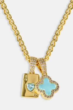 Baby Blue Motif & Gem Card Necklace - 10mm - Gold