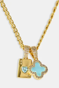Baby Blue Motif & Gem Card Necklace - 10mm - Gold