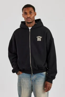 86 Back Print Zip Through Boxy Hoodie - Black