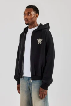 86 Back Print Zip Through Boxy Hoodie - Black