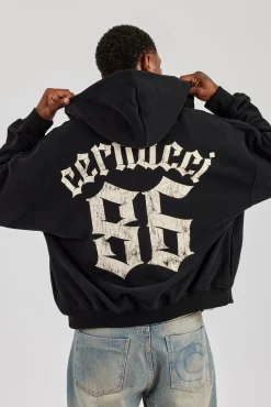 86 Back Print Zip Through Boxy Hoodie - Black