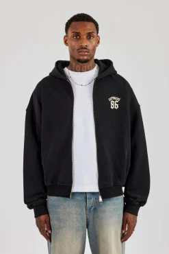 86 Back Print Zip Through Boxy Hoodie - Black