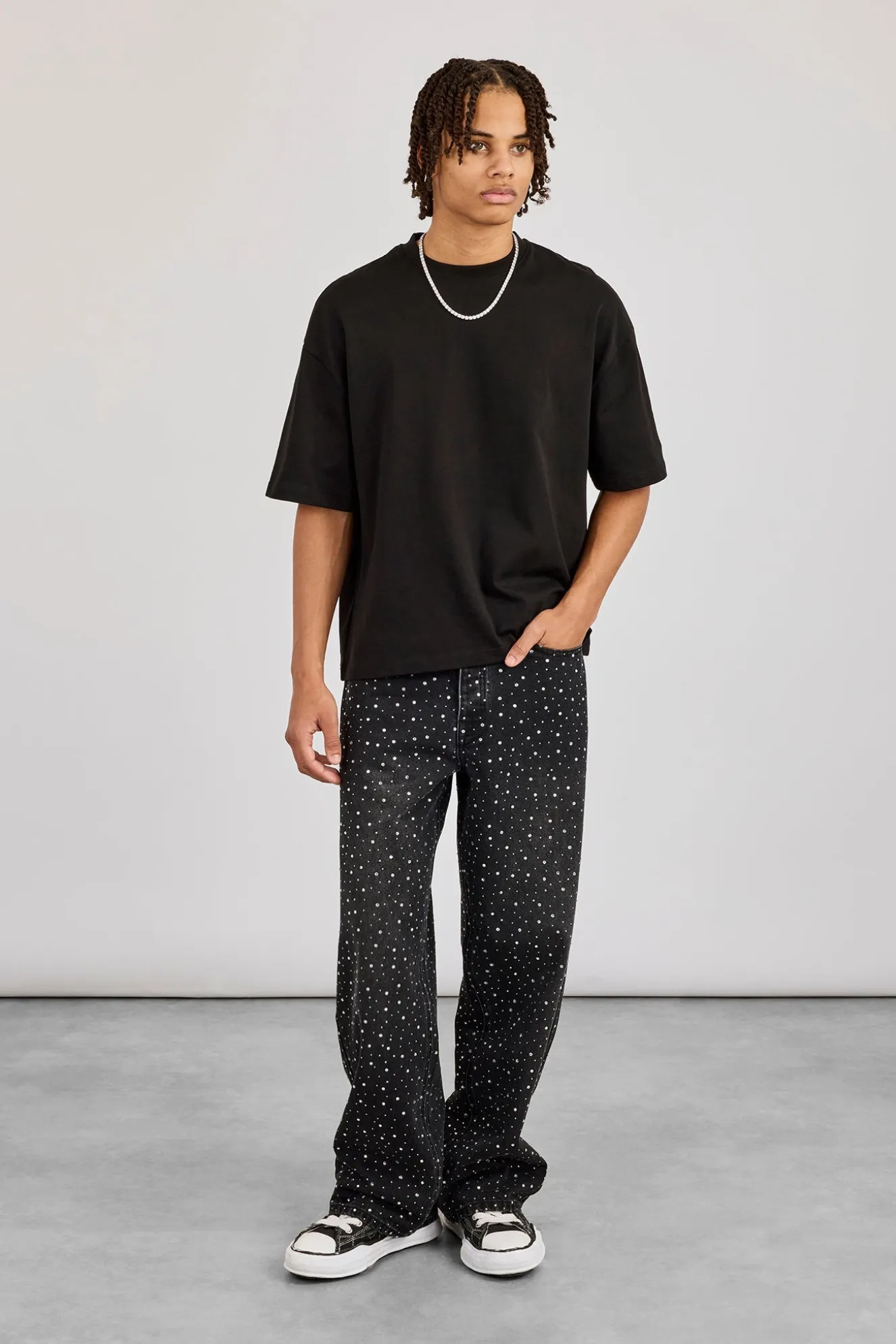 Baggy Fit Rhinestone Jean - Black