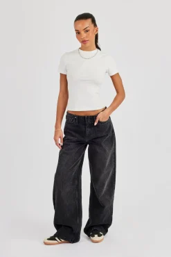 Baggy Low Waistbandless Detail Jean - Washed Black