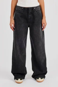 Baggy Low Waistbandless Detail Jean - Washed Black
