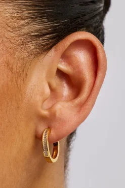 Baguette Stone Centre Hoop Earrings - 20mm - Gold