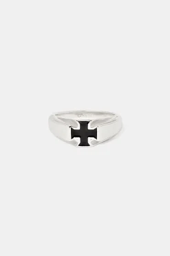 Black Enamel Cross Signet Ring - 10mm