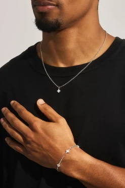 Blue Agate Motif Pendant Necklace & Rolo Bracelet - 8mm - White