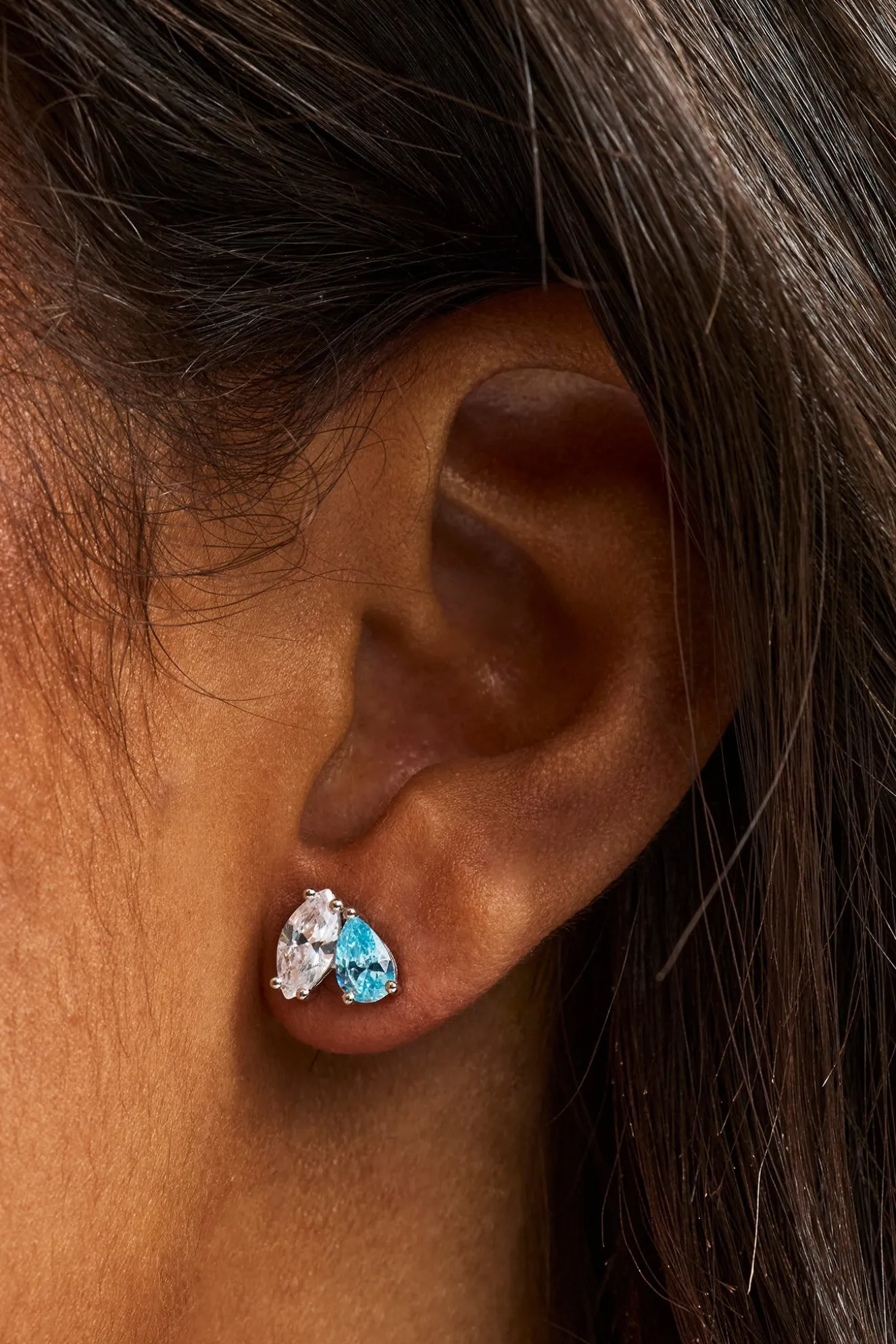Blue & Clear Double Stone Stud Earrings - 5mm - White