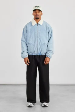 Borg Lined Denim Bomber- Light Blue