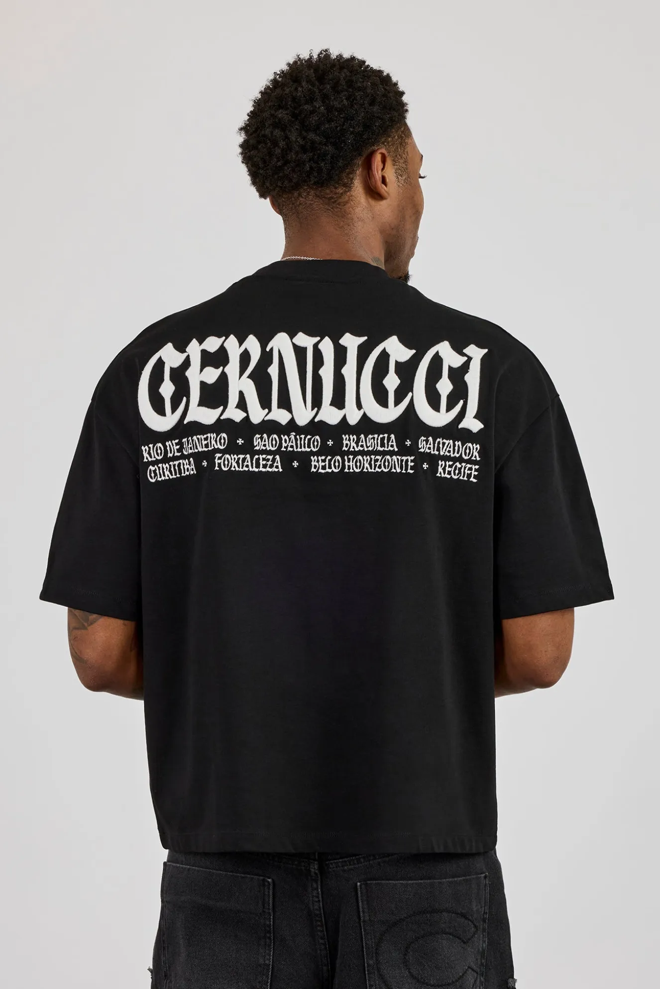 Boxy Cernucci High Build Embroidered T-Shirt - Black