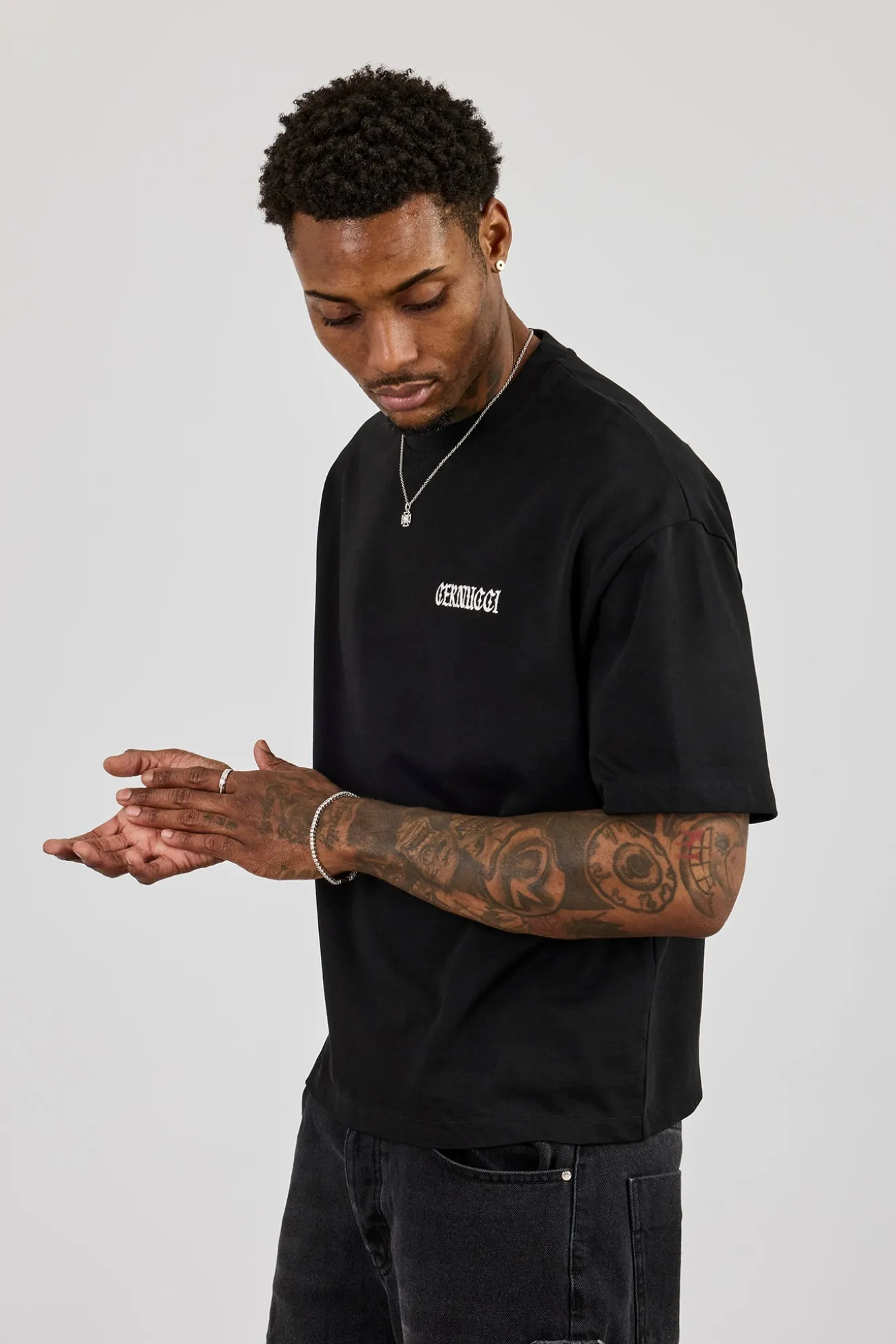 Boxy Cernucci High Build Embroidered T-Shirt - Black