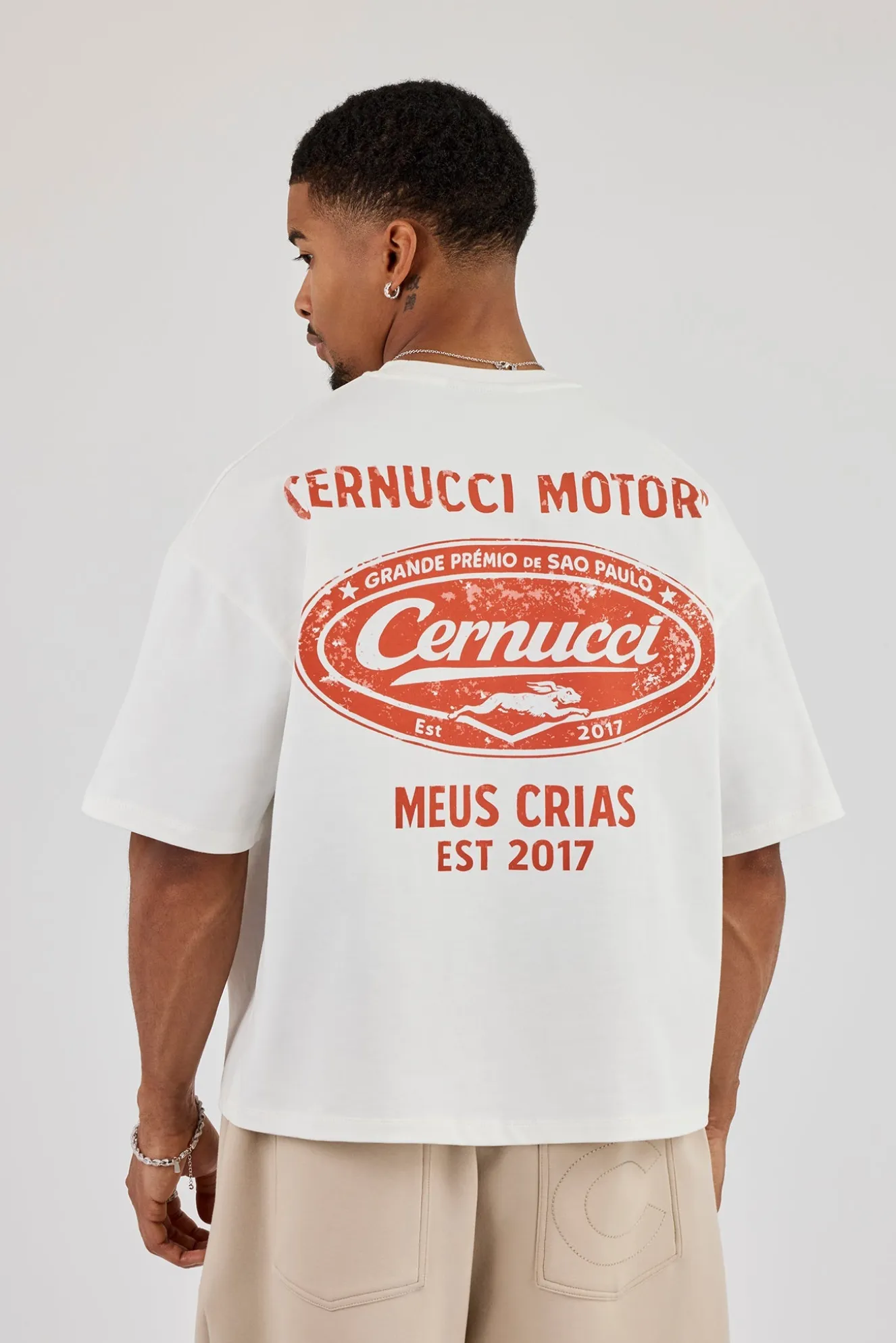 Boxy Cernucci Motors Print T-Shirt - Off White