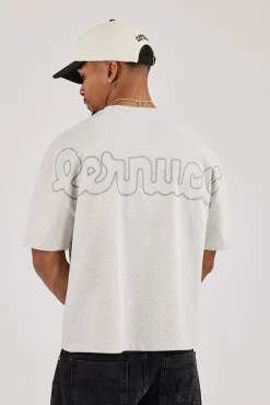 Boxy Embroidered Motif Logo T-Shirt - Grey Marl