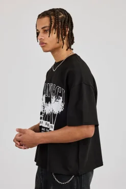 Boxy Palm Embroidered T-Shirt - Black