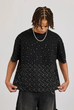 Boxy Rhinestone T-Shirt - Black