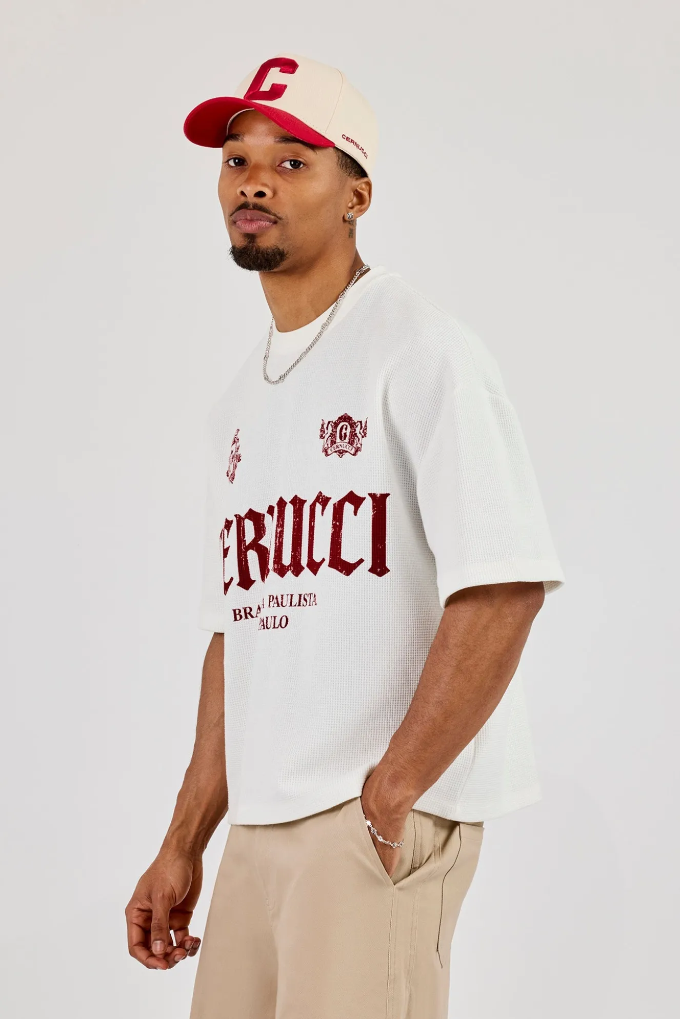 Boxy Waffle Contrast Print T-Shirt - Off White