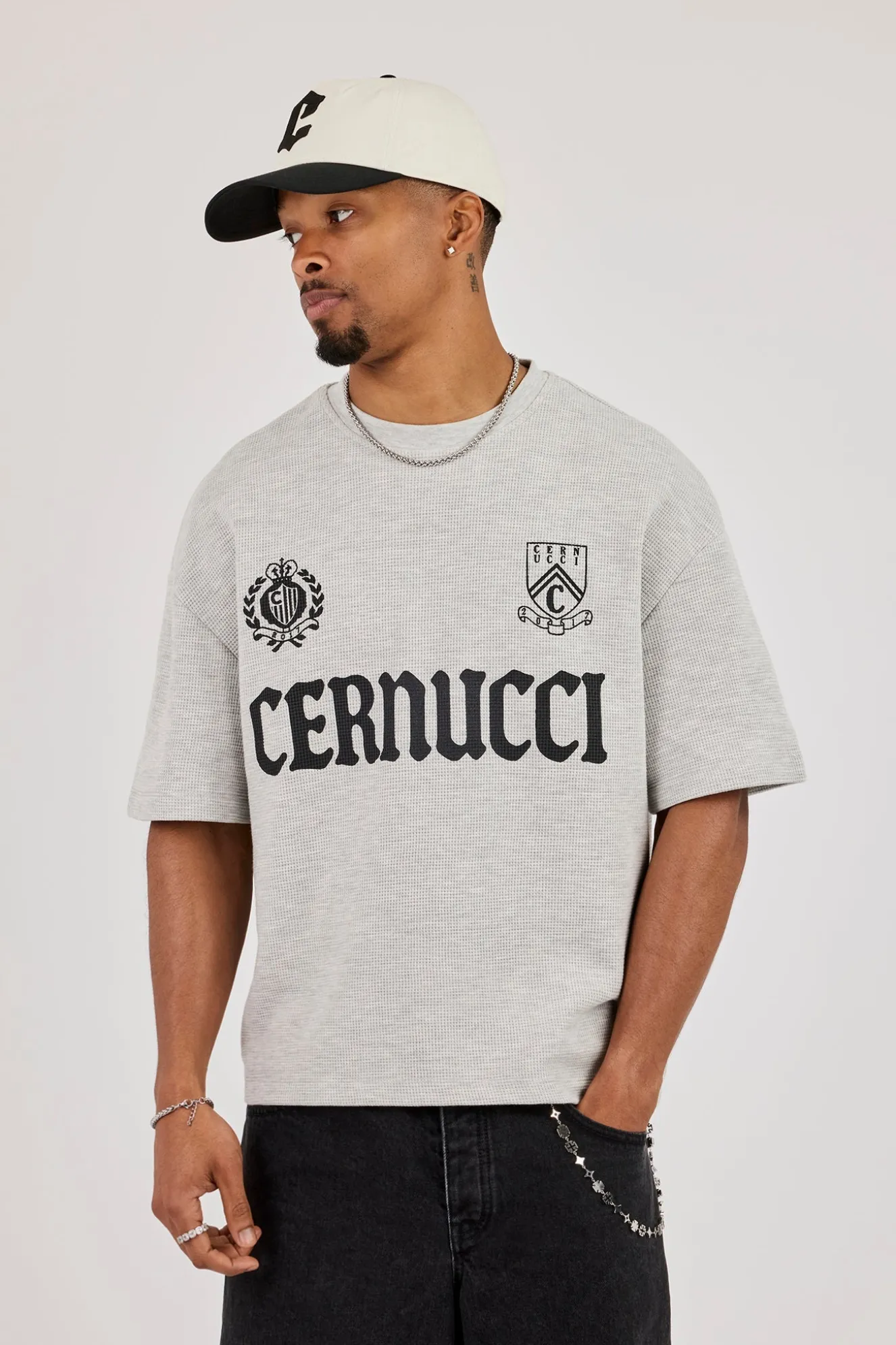 Boxy Waffle Print T-Shirt - Grey