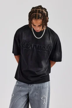 Boxy Washed Embroidered T-Shirt - Black