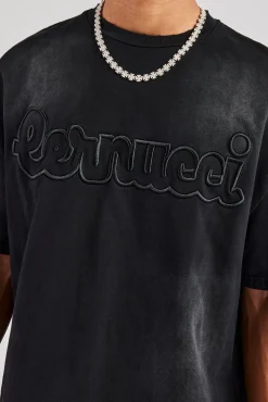 Boxy Washed Embroidered T-Shirt - Black