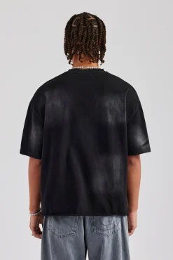 Boxy Washed Embroidered T-Shirt - Black