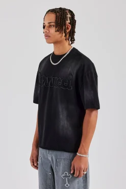Boxy Washed Embroidered T-Shirt - Black