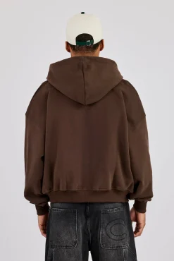 Boxy Zip Through Printed Hoodie - Chocolate
