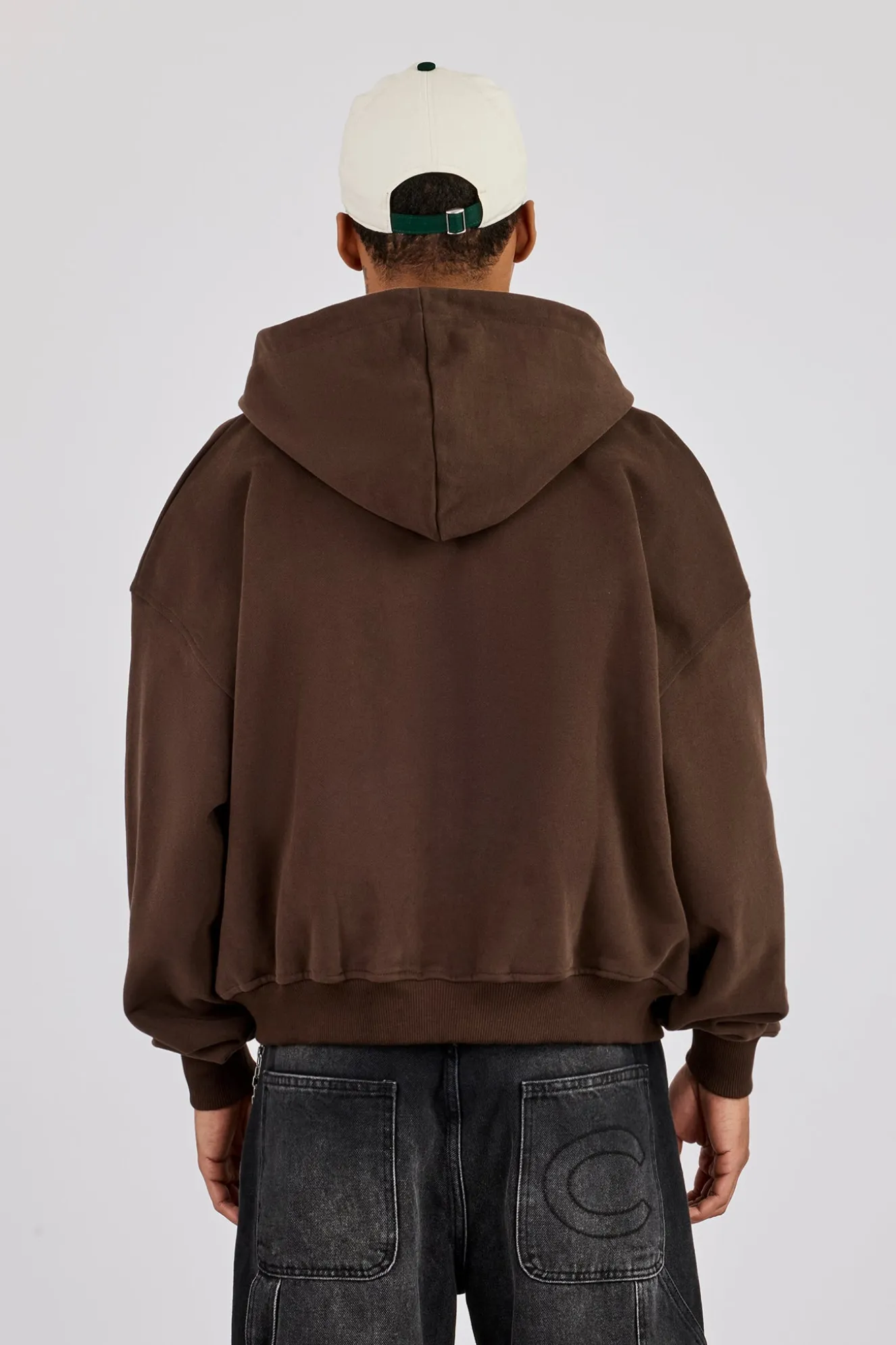 Boxy Zip Through Printed Hoodie - Chocolate