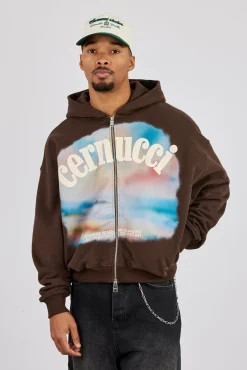 Boxy Zip Through Printed Hoodie - Chocolate