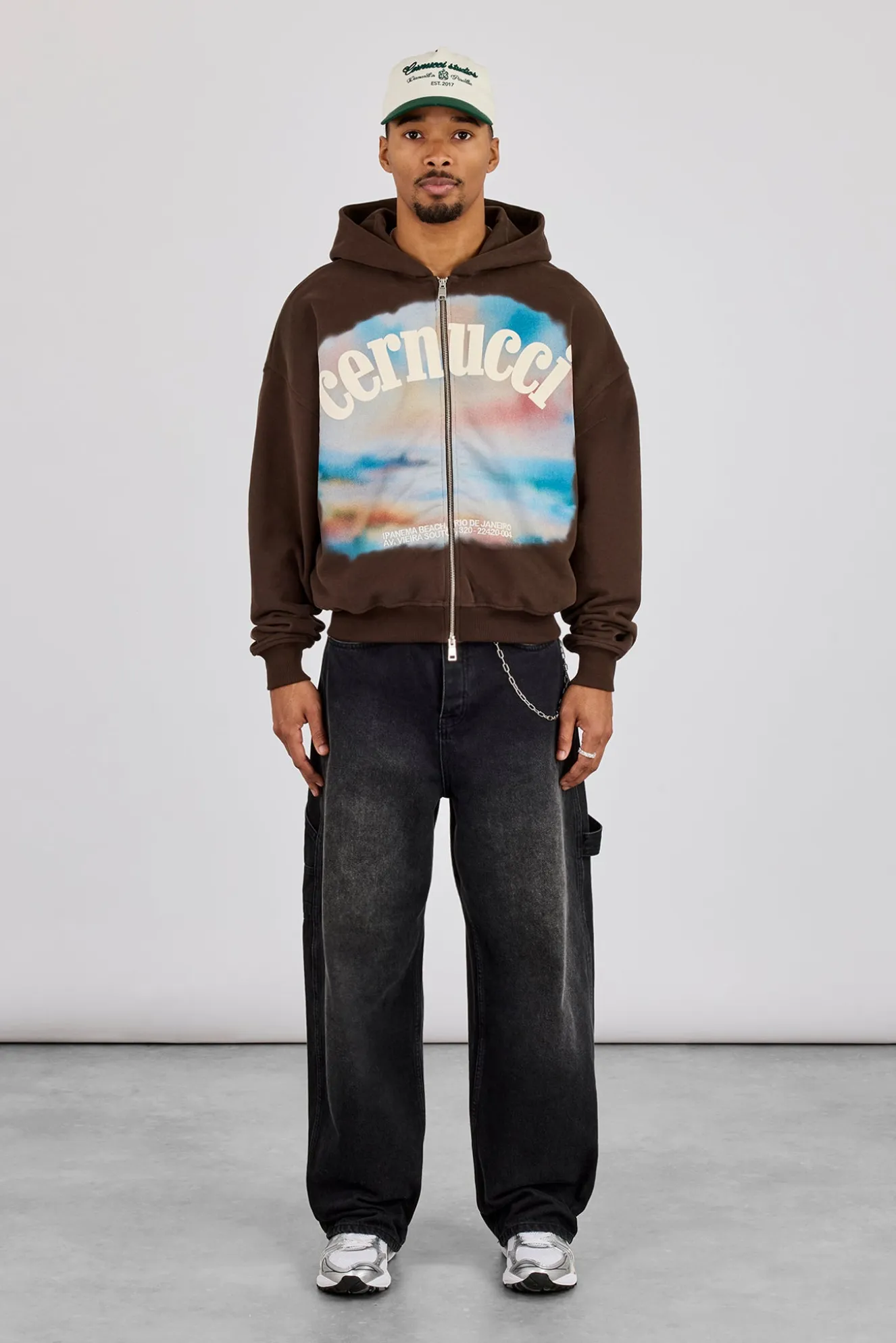 Boxy Zip Through Printed Hoodie - Chocolate