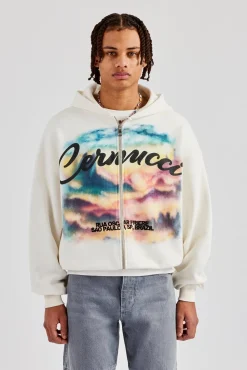 Boxy Zip Through Printed Hoodie - Off White