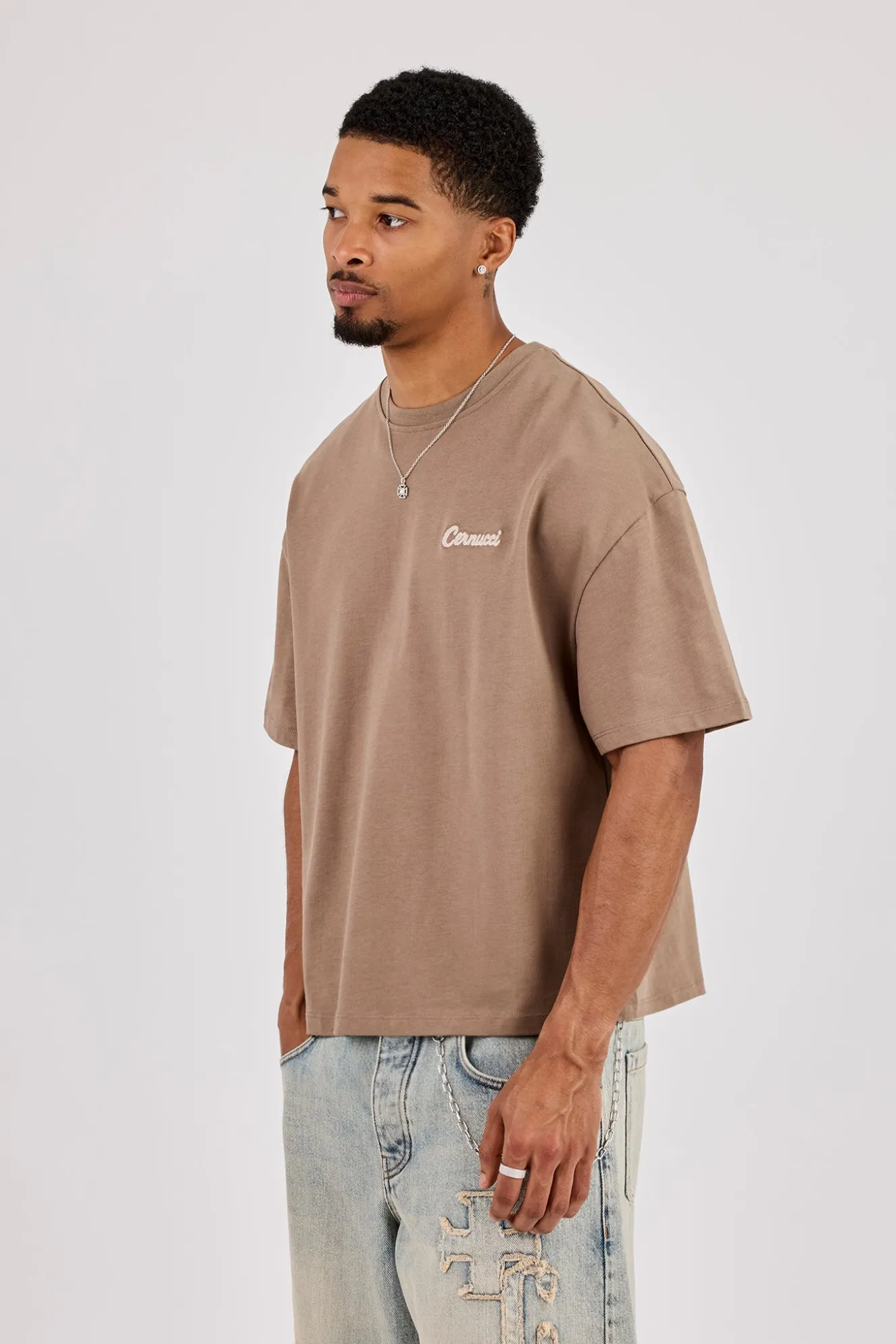 Brazil Map Chain Stitch Boxy T-Shirt - Taupe