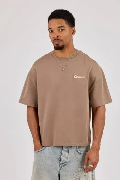 Brazil Map Chain Stitch Boxy T-Shirt - Taupe