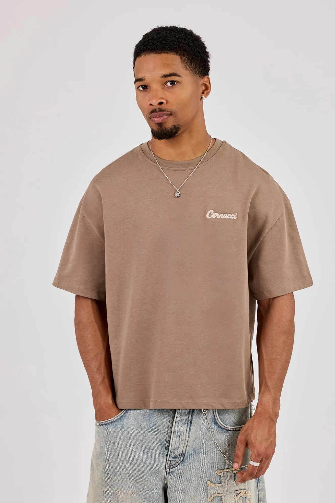 Brazil Map Chain Stitch Boxy T-Shirt - Taupe