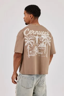 Brazil Map Chain Stitch Boxy T-Shirt - Taupe