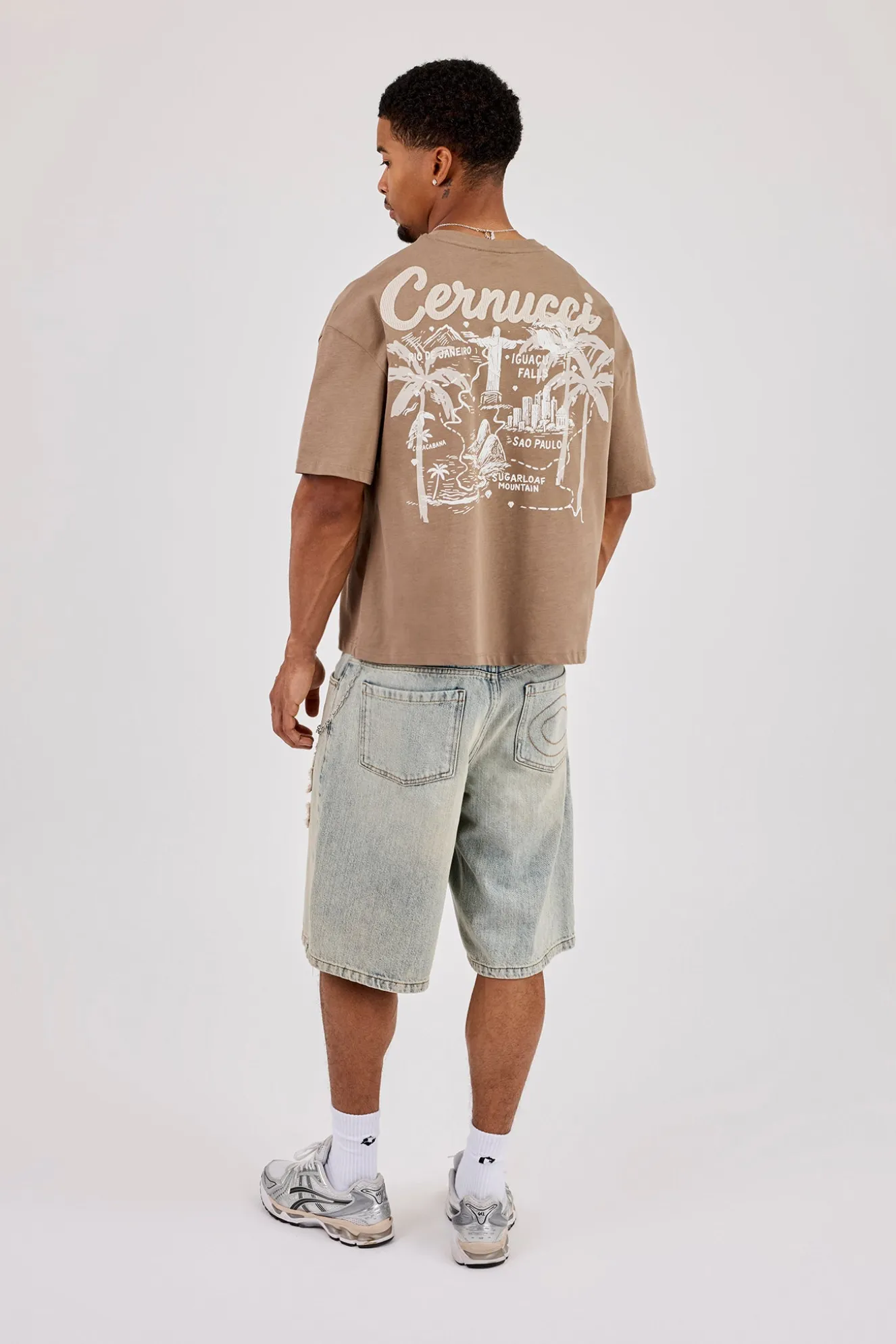 Brazil Map Chain Stitch Boxy T-Shirt - Taupe
