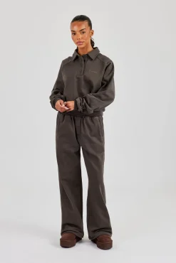 Buttoned Detail Wide Leg Jogger - Coffee