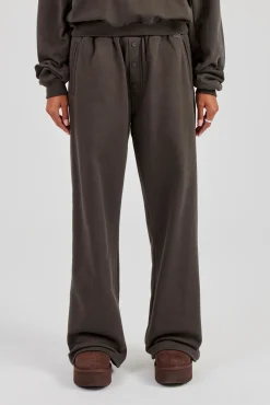 Buttoned Detail Wide Leg Jogger - Coffee