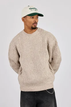 Cable Knit Embroidered Sweatshirt - Beige