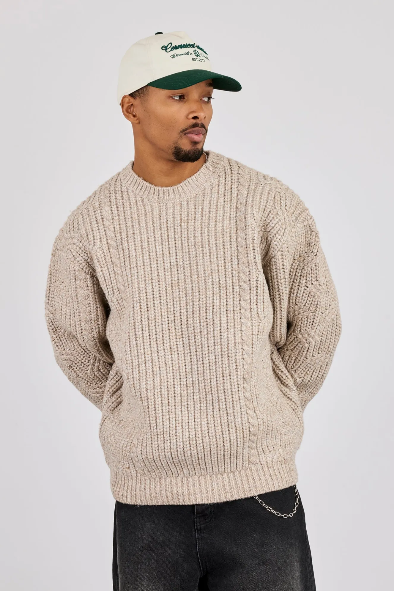 Cable Knit Embroidered Sweatshirt - Beige