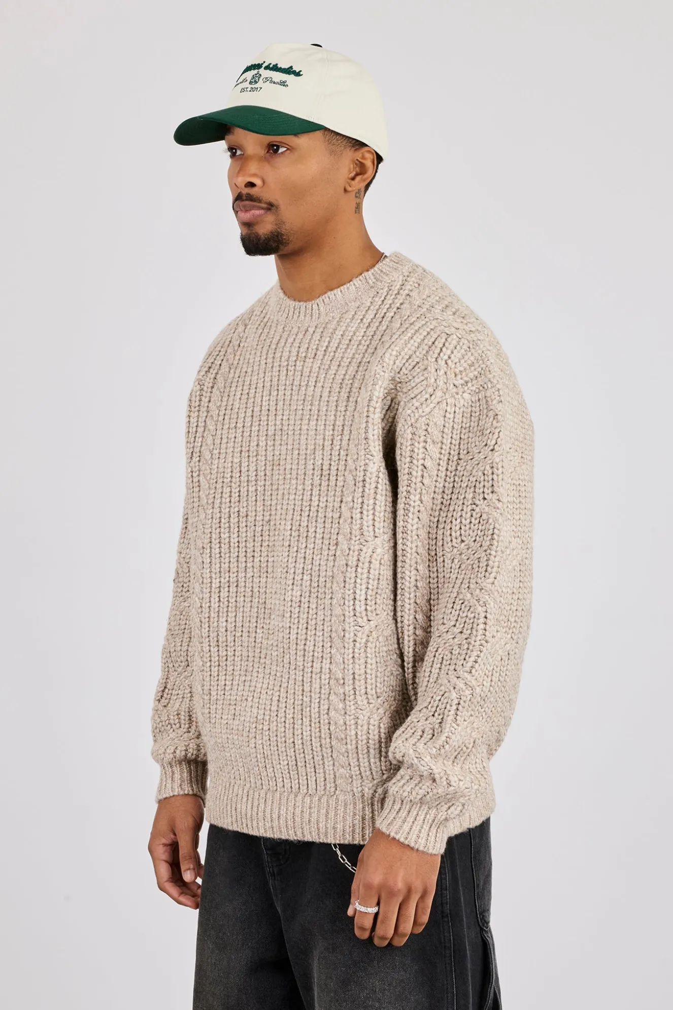 Cable Knit Embroidered Sweatshirt - Beige