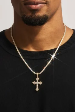 Celtic Cross Pendant Tennis Necklace - 35mm - Gold