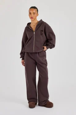 C Embroidered Wide Leg Jogger - Coffee
