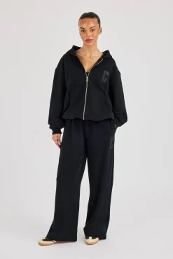 C Embroidered Wide Leg Jogger - Black