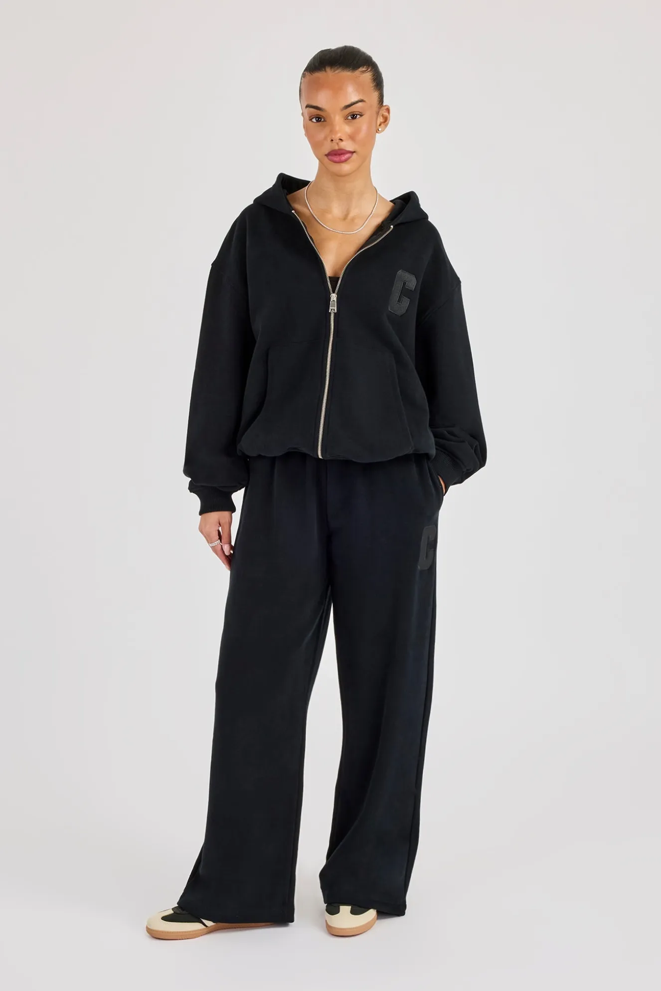 C Embroidered Wide Leg Jogger - Black
